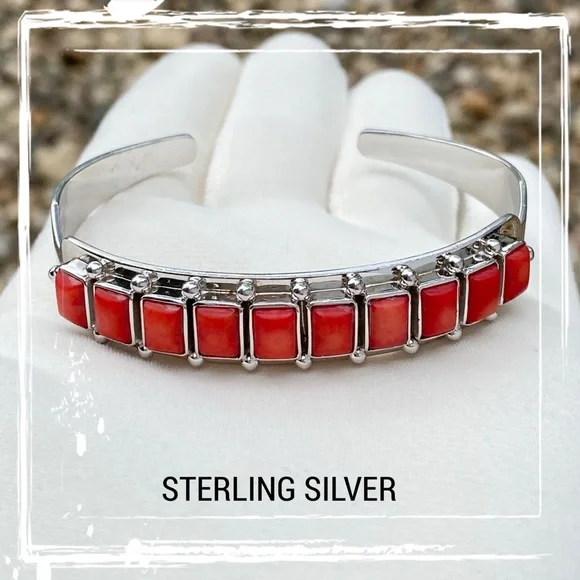 Red Coral Row Sterling Silver Cuff Bracelet - Picture 2 of 11